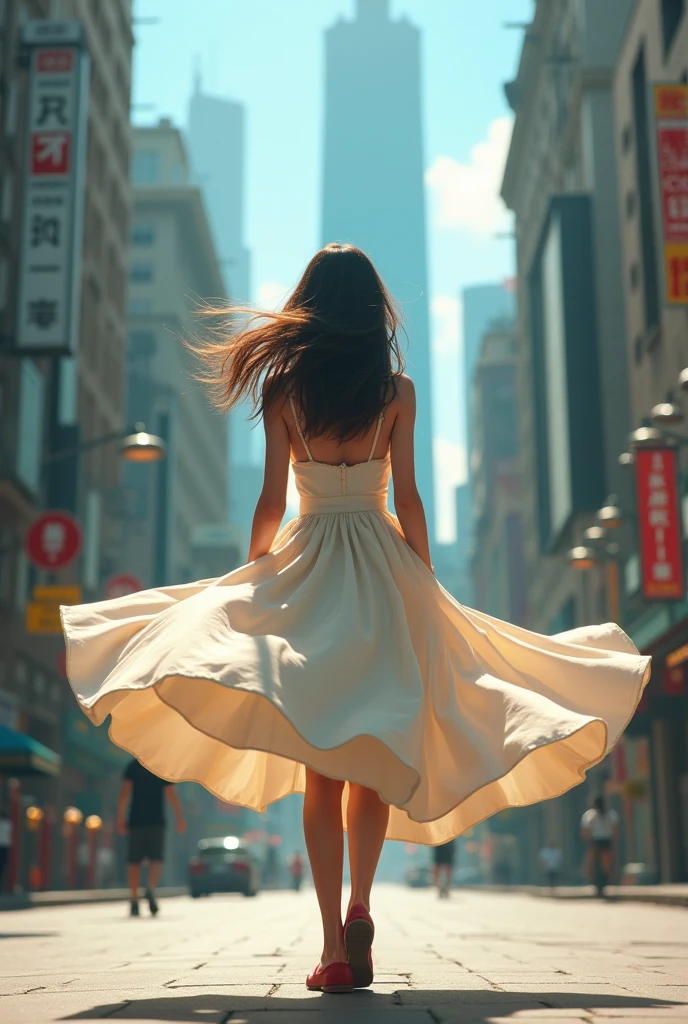 Girl running in a bustling commercial street,Side view,Wearing a white dress,Revealing champagne-colored heels