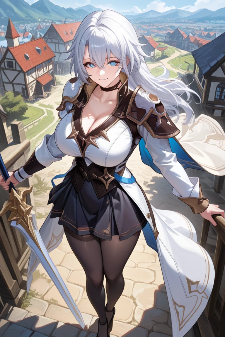 short white hair with white wolf ears, her eyes are bright orange, she has a short, braided ponytail. She is wearing worn and torn peasant cotton clothes, with leather belts around her. She has a large greatsword on her back and she is wearing long leather boots. Her body is muscular and strong, with muscular forearms shown and muscle details visible through the clothing. She is tired and sweaty, been practicing swordplay all day. Now the sun is setting and its time to go home.