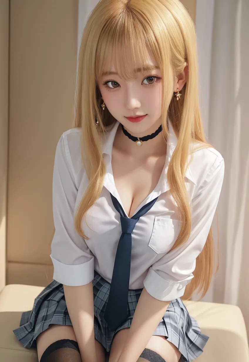 Browsing Caution, masterpiece, (Highest quality:1.2), (Sharp focus:1.2),, 1 Girl, Slim girl,, (blonde|Light_Yellow Hair), Cat ear,, Detailed face, young|Cute face, blush, Wicked Smile,, Natural Breasts, Thin arms,, White collared shirt and black tie, Black Choker,, In a modern office, indoor