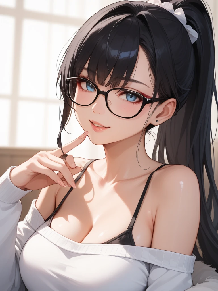 (masterpiece), (wonderful), (非常にwonderful), Highest quality, Expressive eyes, Perfect Face, High resolution, 4K resolution. One girl, Close-up portrait of an angry woman, Realistic Face, Swept-apart bangs, Long Hair, ponytail, Huge breasts, Long neck, Bedroom,, Sunlight from the window., ((Huge boobs:1.7)) 、 Female orgasm、(((Full nudity:1.5)))、Erotic、Climax、((Staring intently at the audience:1.5))、((She thoroughly licks the head of his thin penis with her long, dripping tongue:1.5))、((ejaculation:1.5))、((Glasses:1.3))、((Completely naked:1.7)),((Angry expression:1.7)),((Small and thin penis licked and dripping with saliva:1.5,Burying deep between her tits and giving her a titjob:1.5)),,((Ultra-realistic, sexy tongue:1.5)),((The skin is shiny with oil:1.7)),((The nipples are large and hard:1.5))