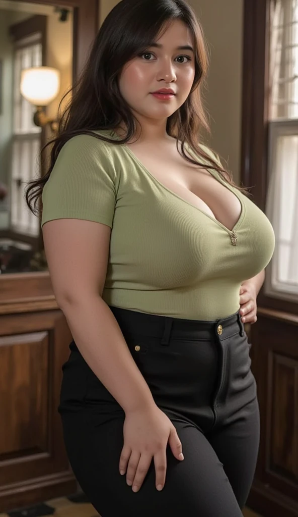 portrait of beautiful woman in kitchen, abigail ratchford, green shirt, low cut top, jeans, leaning forward, full body, plump lips, seductive, sexy, big waist, big ass, looking at viewer, busty, massive breasts, sharp focus on face,