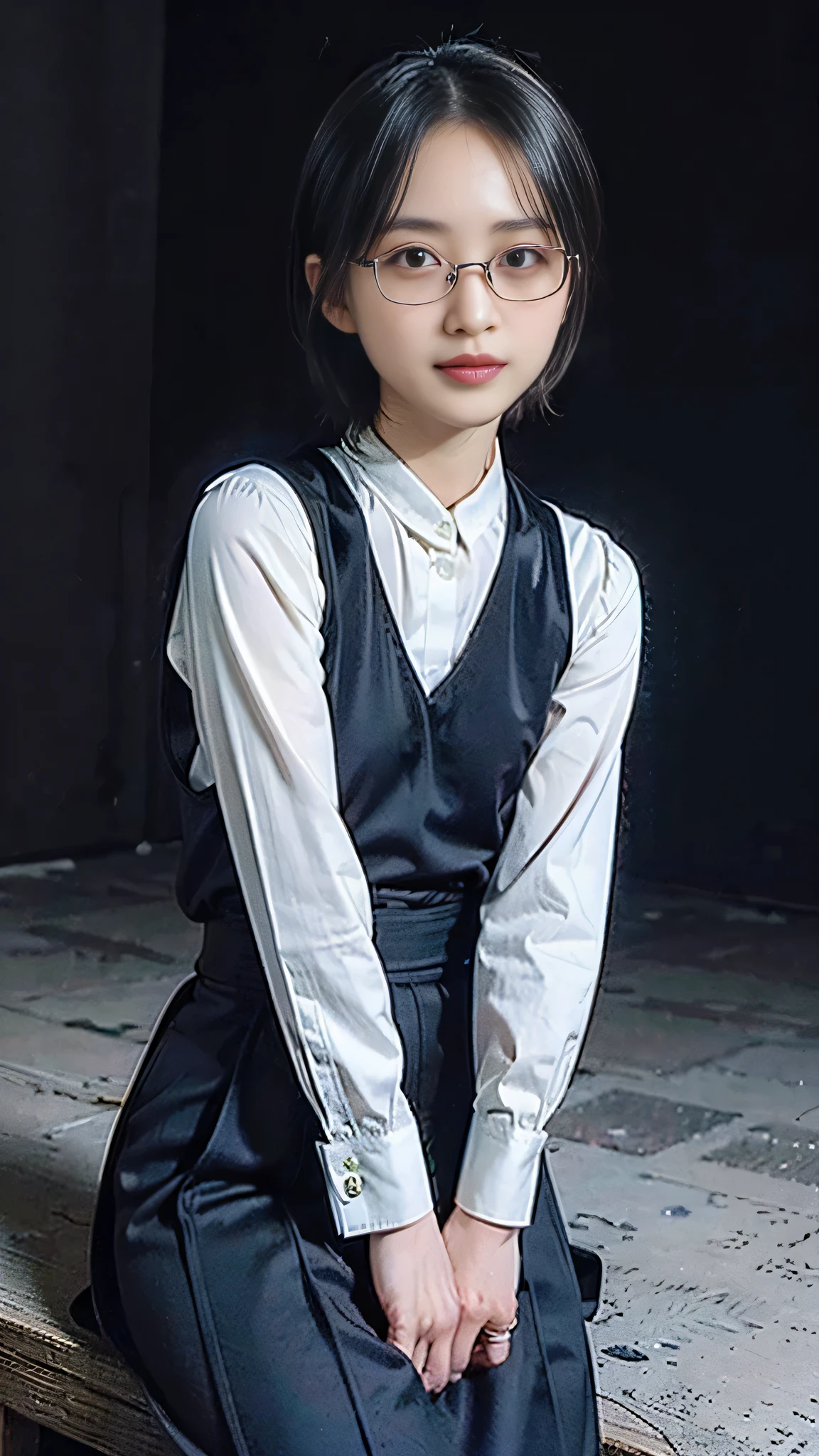 (超 Hi-Res:1.9) ,(Very beautiful skin), {masterpiece}, {Best Quality}, Hi-Res, 非常に Details, 8k,{ very delicate and beautiful }, Details, amazingly beautiful , { photorealistic }, Intricate Details, 非常に Details, {Facial beauty}, 非常に Detailsな, Beautiful visual effects, break 正面を向いて立つ, standing, Japanese Women, short stature ,(smile:1.2),( Very Short Hair :1.5),( Perfect Mid-Cut Hairstyle:1.3),(Forehead:1.4),Perfectly balanced face,Small eyes,Tree Eyes,A small, low nose ,Small Mouth,Thin lips, natural makeup,Skinny body type,( flat chest),(Wellington-type glasses:1.5), break (The background is a castle),( wearing a black vest over a long-sleeved white blouse with the front slit),Black slacks, Wearing black dress shoes ,Sit on a bench,RAW Photo, A Shining Place,