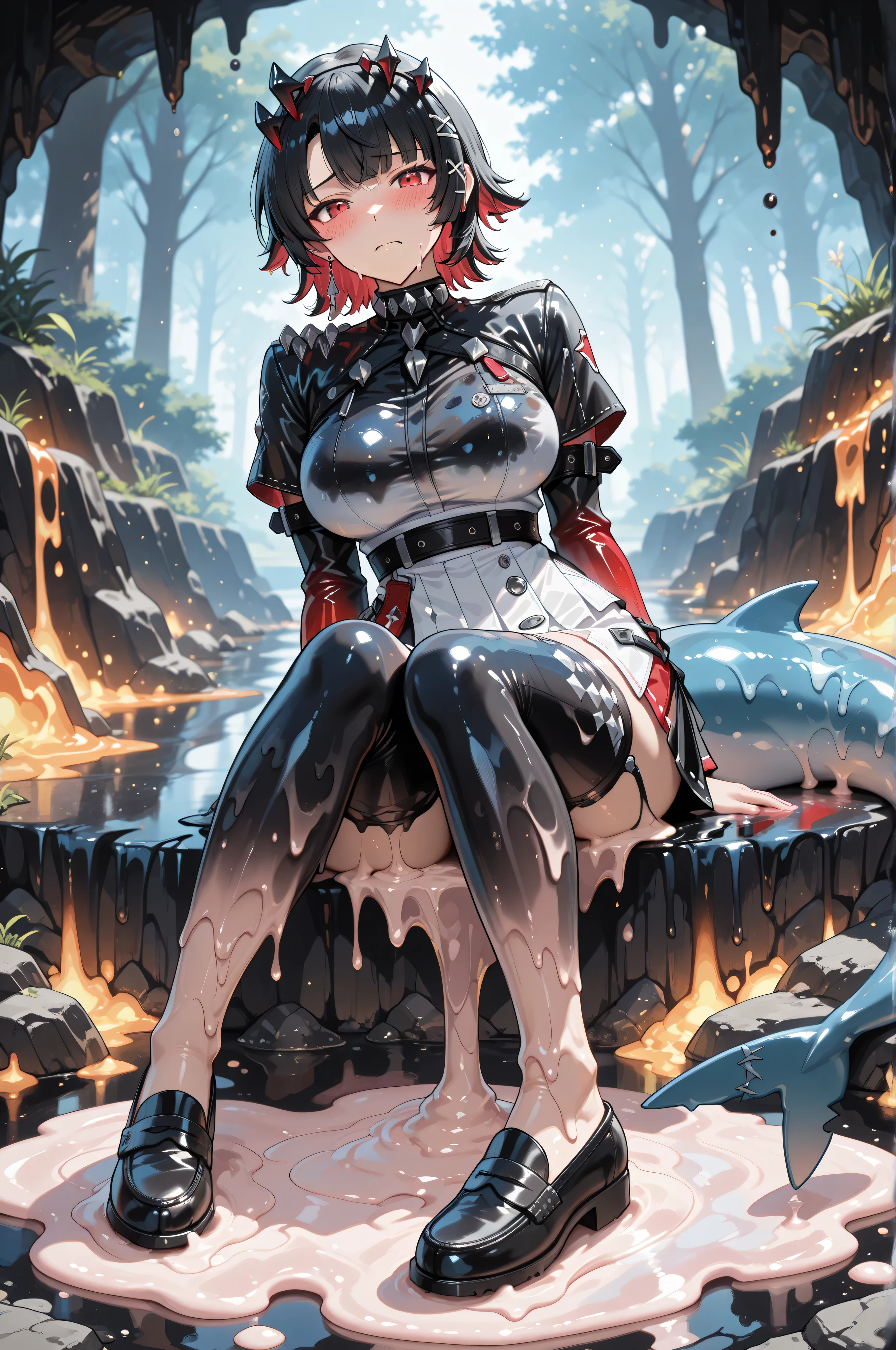 weird atmosphere, (best quality:1.1), (masterpiece:1.2), high quality shadow, beautiful detailed, (high detailed skin, skin details), (wide landscape, 8k), depth of field, highres, best illumination, (sexy), outdoors, blurry background, HD hair, beautiful face, perfect skin, red hair, long hair, (big breasts), blood particles, (night), sharp teeth, glowing red eyes, blood on face, blood on clothes, blood splashing, female knight kneel in the war fields, white dress, leavage, stocking, high heels, attack pose, close to viewer, gripping blue flame sword, heavy rain, in the grassland, foggy, wet body, wet hair, hair fluttering