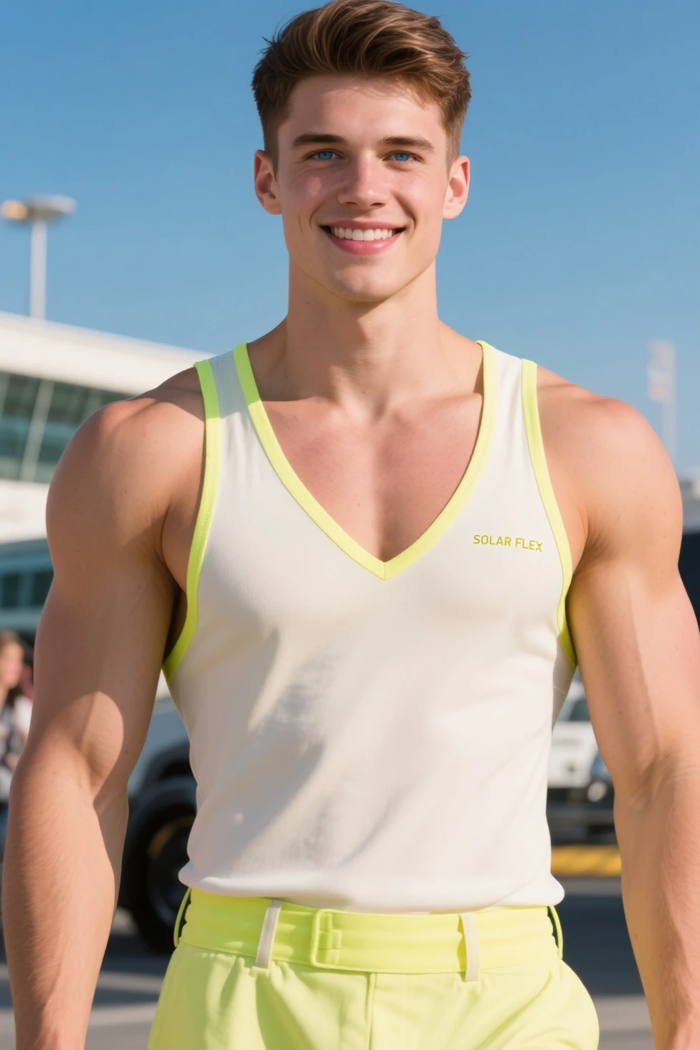 1boy, (Blue Eyes), happy smile,American boy,18 years old,young, thick body, slender, sport body build, child-like,White Teenage boy ,Blonde man Imagine a young 18 years old safety officer standing in an electric station. The vest has reflective strips to increase visibility. The safety officer is holding a clipboard, while the other hand is extended, gesturing in a confident manner. He has a serious expression on his face, showing his dedication to ensuring safety in the electric station. The surroundings could include electrical equipment, such as transformers or circuit breakers, indicating the nature of his work environment.,wearing yellow colors micro thong with medium bulge,pale skin, skinny, good lighting, very pale skin, light skin, model with attractive body,medium bulge and medium butts,(Best quality, 8k, Masterpiece). High Detail , superior quality, natural lighting, beautiful, sexy, correct anatomy, good composition,realistic shapes, realistic skin tones,Natural eyes,realistic eyes,looking up at viewer,vpl,realistic muscles,Realistic wrinkles on the skin,Realistic arms and legs,Realistic face,realistic hair,Make a sexy and seductive face, Clear Focus: 1.2, Perfect Body virile: 1.4 , Slender Abs: 1.2, Highly detailed face and skin texture, detailed eyes, double eyelids, big upper lip, man focus,amazing composition, front view, HDR, volumetric lighting, ultra quality, elegant,Post a erotic photoshoot,Realistic pose,detailed hair,full body,Fujifilm XT3 photorealistic art by midjourney