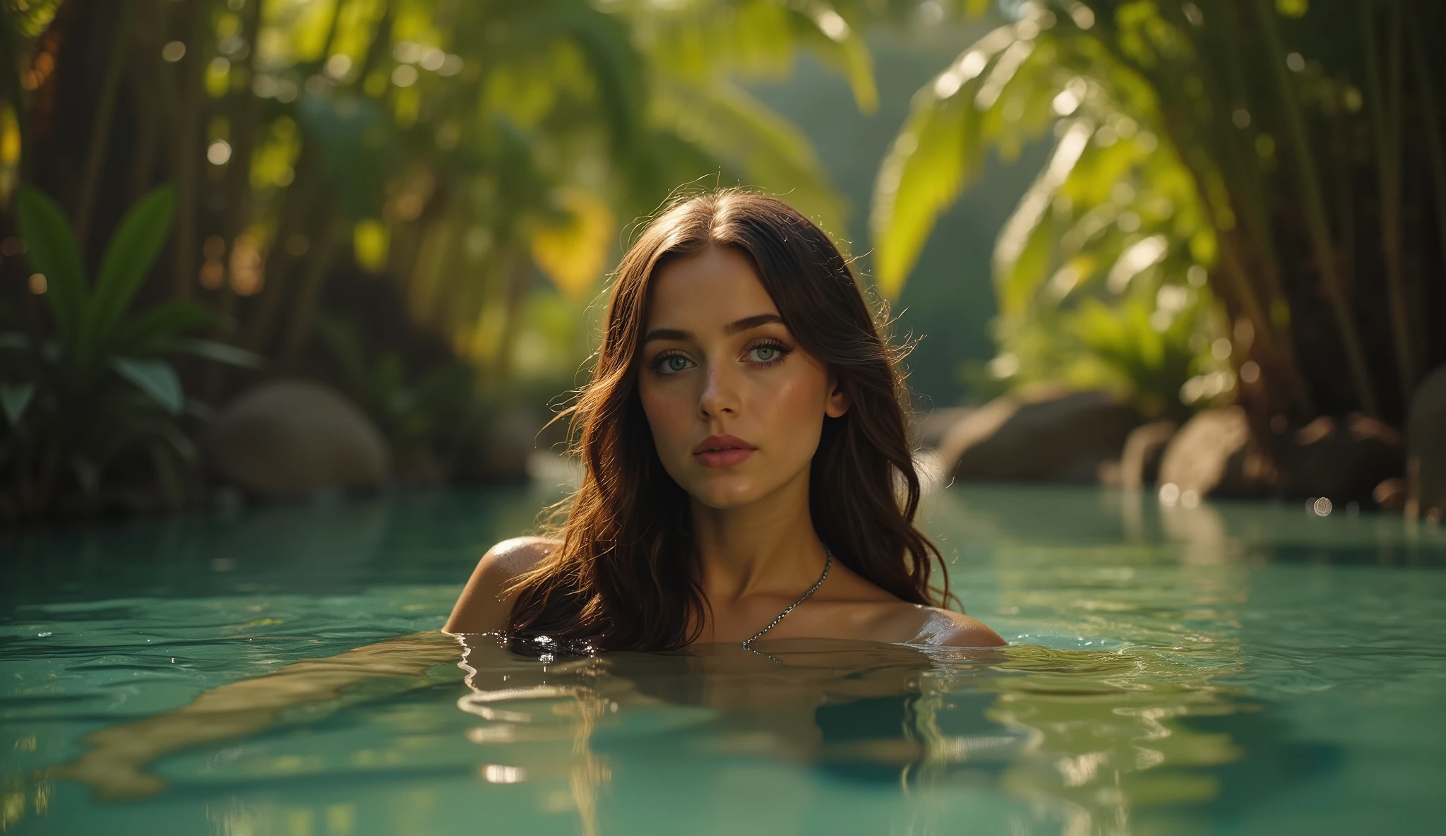 Ultra realistic cinematic historical scene photograph professional museum quality, young brunette woman, with blue eyes in lake taking a bath, Egyptian in a oasis, warm ambient light soft