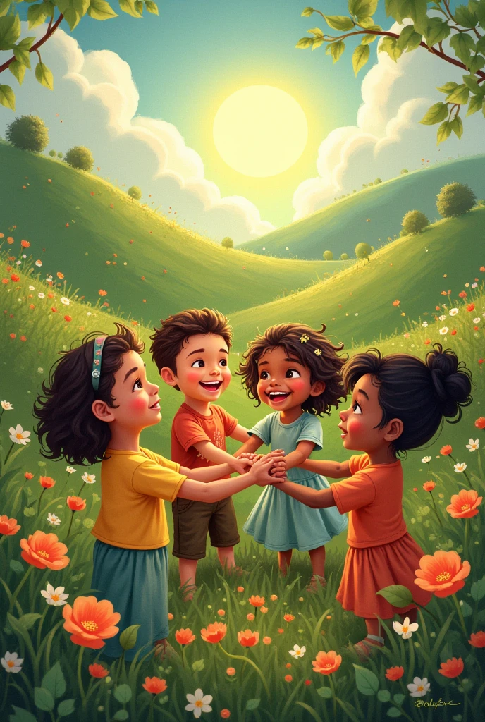 illustration, Indigenous children aged 10, holding hands with 10 year old children