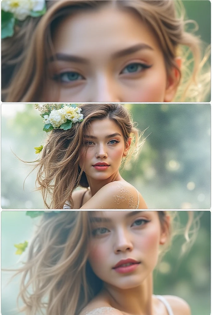 Ultra high-definition images， Detailed beautiful young woman, reddish-golden hair, long,  Destyled perfect green eyes, Delicate, symmetrical, realistic and beautiful face, (magical forest background),  Ranger Costume Leather Armor, fairy tail, Wildflowers blending into your hair, Full body, masutepiece, absurderes,Fine detail, Rich colors, Dramatic Lighting, Extremely detailed, Cinematic lighting, show nipples, medium breasts, show vagina, spread legs.
