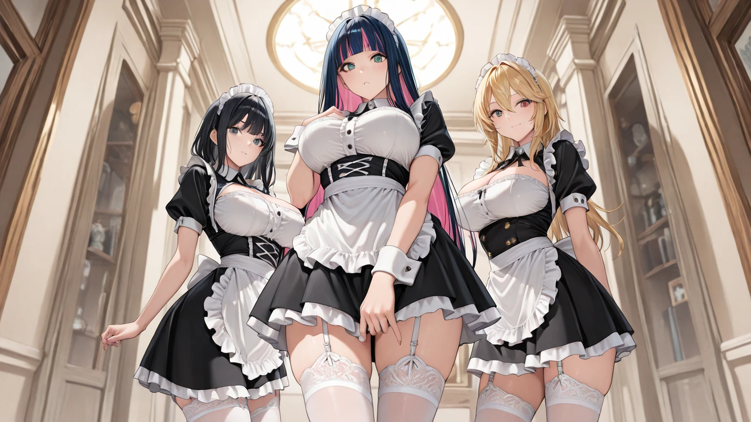, 8K, 4k, highest、masterpiece, best quality, extremely detailed, illustration, ultra high res, absurdres, perfect no panty, kneeling, very cute face, BREAK nsfw, (3maids, maid hairband, harem, group picture), perfect kneeling in a row on the flooring, nudity, maid wear, stockings, (all girls perfect lifted skirt completely by self, perfect show and lineup bare all pussy, perfect bare all breasts from under lifted shirts, shirt lift, full by:1.3), at inside of gorgeous mansion entrance, background is inside of house, BREAK (young face, look at viewer with very lovingly gaze:1.3),