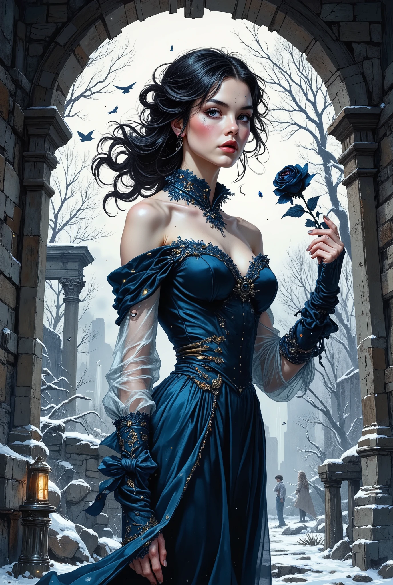 A young woman with black hair blown up in a gust of icy wind stood half-turned under the massive stone arch of a ruined estate, shackled by eternal cold. The arch is covered with frost and tenacious ivy. One of her hands is slightly raised, her fingers are clutching a withered black rose, the petals of which are falling down, mixing with the snow.On the ground at her feet is a broken antique lantern. Her black curls, some of which are gathered into an elegant half-loose chignon, frame her face with sharp, almost sculptural features.Her face is like a porcelain mask illuminated by cold light: high cheekbones honed by shadow, a nose with a barely noticeable bump, giving the profile a proud severity. The lips are slightly parted, as if frozen in mid—sentence, their dark wine shade contrasts with the deathly pallor of the skin.Wide, almond-shaped eyes framed by thick eyelashes, they burn with icy fire. The iris is a deep blue color, with golden sparks around the pupils. The look is intense, but fatigue lurks in the corners of the eyes. She is wearing a flowing dress in dusky blue tones. The fabric is heavy and flows in folds, emphasizing her fragile figure. A high velvet collar trimmed with silver embroidery frames her neck, and long sleeves, narrow at the wrists, are decorated with tarnished metal clasps. On her chest is a brooch in the form of a black crystal, shimmering like a frozen tear.There are misty ruins behind her, and in the distance, among the bare, twisted trees, a flock of ravens soars into the sky, leaving trails in the air like billowing smoke. Snow is falling. The light breaking through the clouds envelops her silhouette in a cold glow, snatching her face out of the darkness, creating a theatrical contrast. Colors: Deep midnight blue, funereal velvet, moonlight silver, icy blue, ashen black, deathly pale. Mood: Gothic elegance, romantic sorrow, eternal winter, ghostly beauty. Style: Cinematic drama, detailed elaboration.