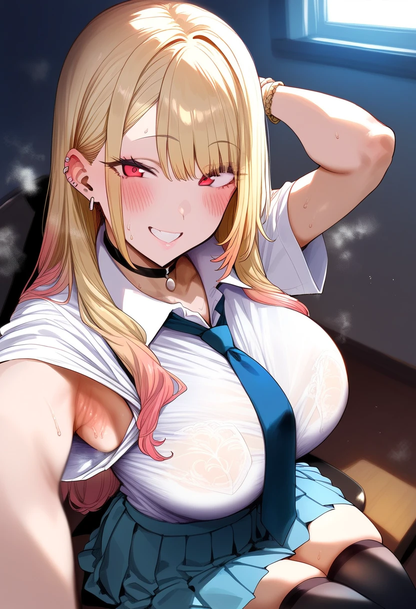 One girl, Idol, close, clavicle, ,, photograph, movie, Depth of written boundary, Skin Texture, T-Shirts, rubber band, Topknot, Long Hair, Messy Hair, freckles,Big Breasts