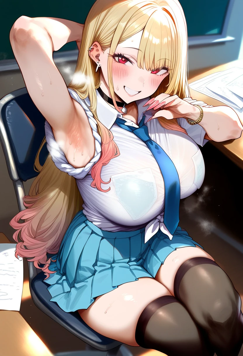 Cute naughty knight armor girl, Pastel colors hair, (large breasts:1.2, Thighs:1.2, thick legs:1.2, curvy:1.2), blonde hair, hair down, bangs between eyes, long hair, blue eyes,(naked:1.3), standard height, (blush:1.2, expressionless), garter ring, at the adventurer's guild, A bulletin board with posted paper, holding sword, nfsw, sweat, (cum in vaginal:1.3), vaginal sex
