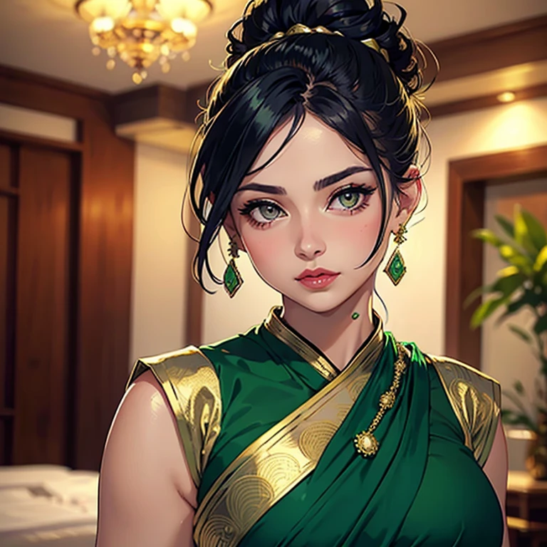 Sexy woman, hair tied in a bun, emerald jewellery, beautiful face, grey eyes, fair skin, blushing intensely, glossy lips parted, dark green blouse and saree with gold patterns