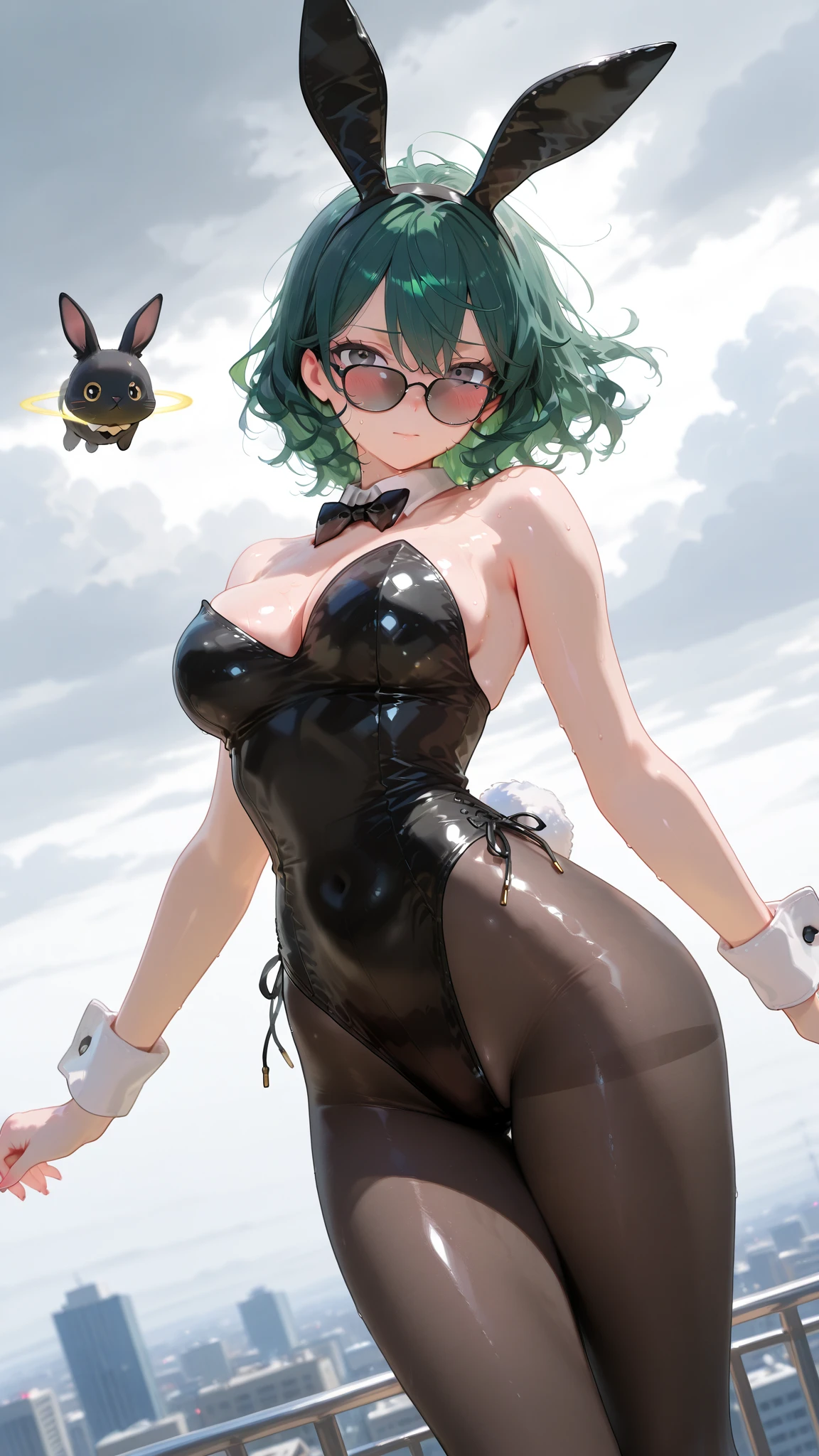 (La mejor calidad, 8k, 12), 1 girl, Fubuki, Pelo corto, cabello verde, bunnysuit, escote, small breast, El cuerpo perfecto, skinny body, Cara ultra detallada, Labios detallados, ojos delgados, squat, tentador, excitado, pezones marcados en la ropa,en celo, vapor, tembloroso, Wet