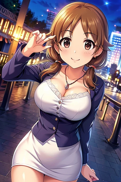 (machiya yuina,pastel memories,large breasts,twintail,fang,blunt bangs,brown hair,red eyes,tsurime,:3),(bikini,beach,smile,)