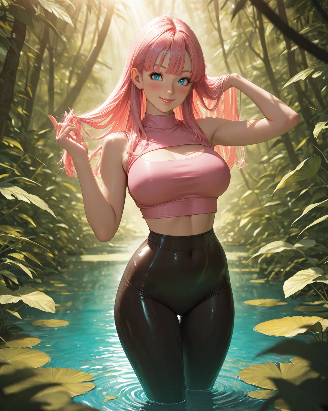 (extremely detailed), high resolution, detailed body skin, contrast, color, shadows, forest background, 1 beautiful woman, long pink hair, medium chest, smile, looking at the viewer, purple eyes, (16k detailed eyes), detailed face, close up, curved, backshot, back shot, yoga pants, sports bra