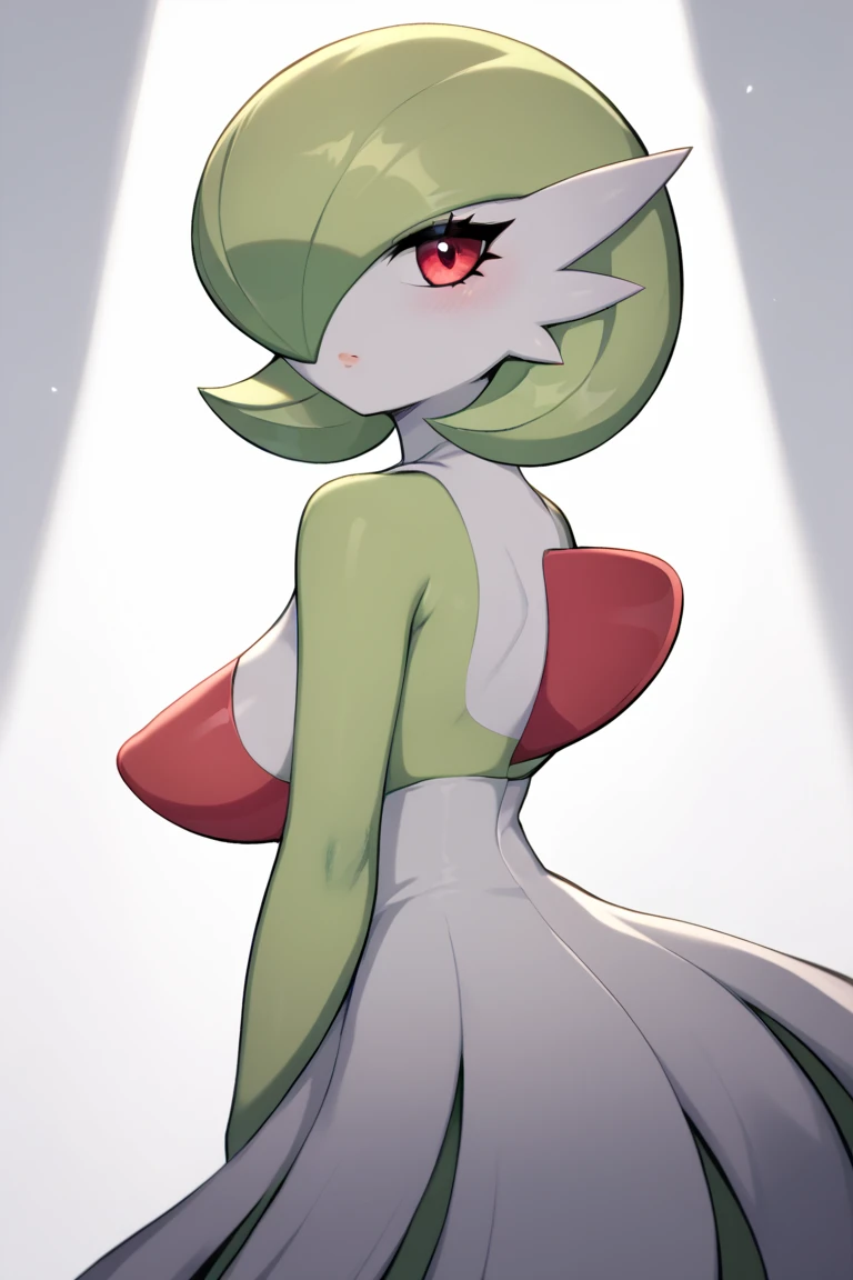masterpiece, best_quality, 1girl, solo, gardevoir, creatures \(company\), game freak, nintendo, pokemon, pokemon \(game\), bangs, colored skin, female focus, gen 3 pokemon, green hair, green skin, hair over one eye, multicolored skin, pokemon \(creature\), red eyes, short hair, two-tone skin, white skin, playboy bunny, black leotard,