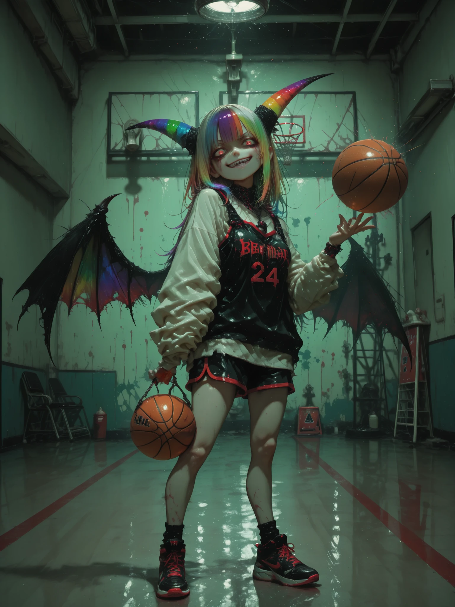 [topic]  screenshot from the movie  , creepy killer from the dark|
[character] A woman with curled rainbow horns, the killer behind her, Huge bat wings.
[action] serious expression, a majestic standing figure、smirk, sharp teeth, holds a basketball in the gym , looks at viewers、 dutch corner , full face | , the ball bites
[environment] ,   spotlights  , basketball court , on the street、night background|
[style] double exposure,  masterpiece、  ultradetail  、high definition