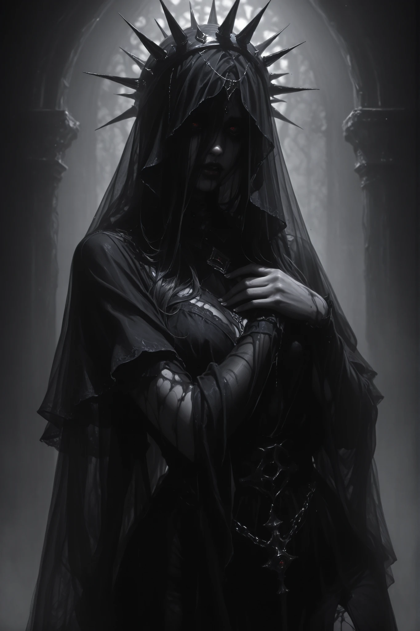 a female ghost wearing a long black veil covering her entire body, only her white eyes without pupils visible, long thin black gloves above the elbows, Gothic tombstones in the background, dark moody atmosphere, cinematic lighting, highly detailed, photorealistic, dramatic pose, horror, dark fantasy