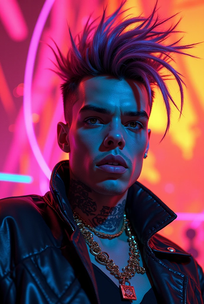 Stern man in late thirties, tattoos on face, cyberpunk, futuristic cyberpunk clinic in background, man is wearing a brightly colored neon yellow shirt, man is wearing brightly colored neon red pants, dyed hair, wearing a white doctor's lab coat
