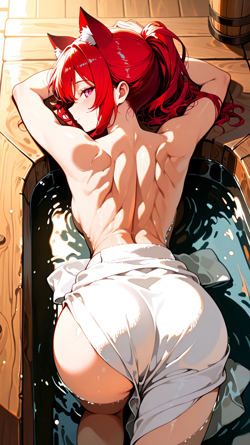 cutesexyrobutts style, 1girl, solo, closed_eyes, multicolored_hair, long_hair, black_hair, breasts, water, smile, nude, head_wings, eye_mask, red_hair, partially_submerged, bangs, wet, bathing, closed_mouth, medium_breasts, hair_ornament, two-tone_hair, back, completely_nude, sideboob, bathtub, blunt_bangs, sidelocks