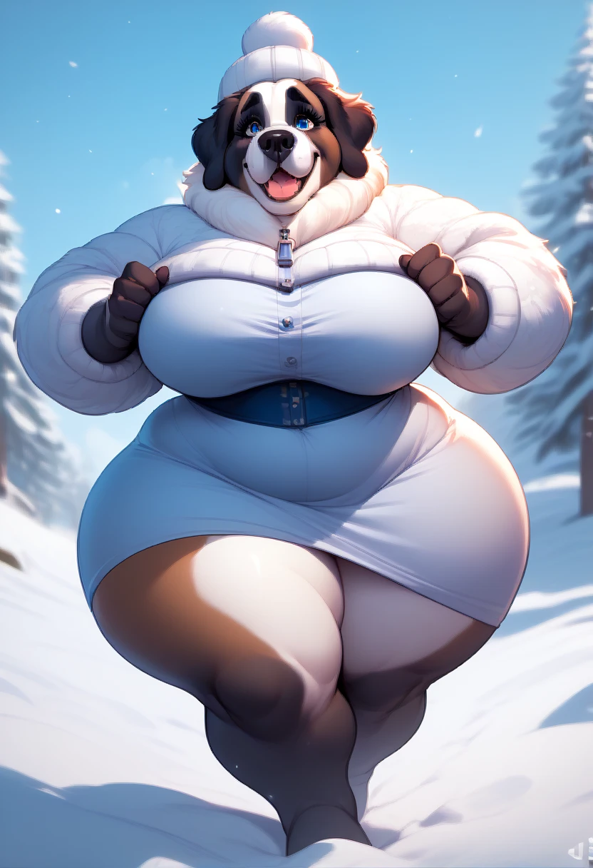 (masterpiece, best quality:1.2), anime, sam (bts), 1girl, solo, furry, (((brown fur, brown body))), 1-tone fur, nude, breasts, (Gigantic breasts:1.9), (hyper breasts), (massive breasts), (breasts bigger than body), nipples, dark nipples, huge nipples, puffy nipples, wide hips, thick thighs, (gigantic ass:1.3), hourglass figure, vagina, furry female, plump, snout, brown snout, dog girl, dog ears, dog tail, hat headwear, black eyes, animal nose, long hair, body fur, brown fur, outdoors, standing, snow, looking at viewer, smile, snowing, full body, short tail, front view, legs, feet, toes, 5 toes, 5 fingers, <lora:sam_(bts):1>