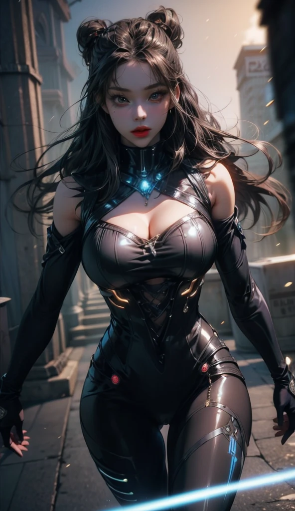 Solo model, physically-based rendering, (girl alone:1.5), (muscular body),(huge fake breast:1.5), street city, slim waist, big buttocks, standing, skintight leggings, (wearing futuristic cleavage crop top,:1.5), show big breasts.