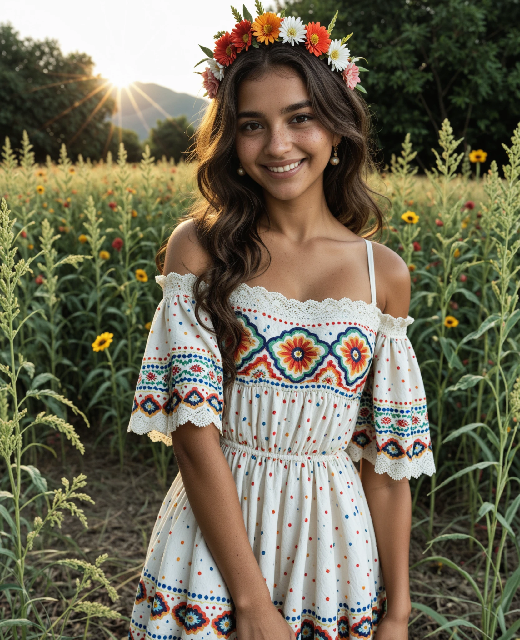 (medium full shot) of (peace-loving hippie) young woman, french, tan skin, light Blue eyes, normal build, extra long dark single braid hair, wearing a burgundy lace sundress, feathered headband, sandals, beaded bracelets, holding a tambourine, set in the 1960s, in park Gathering, open space with people sitting on blankets, playing guitars, singing together, colorful tapestries hanging from tree branches, under the moonlight, woman smiling, ,Masterpiece,best quality, photo, realistic, very aesthetic, detailed face,