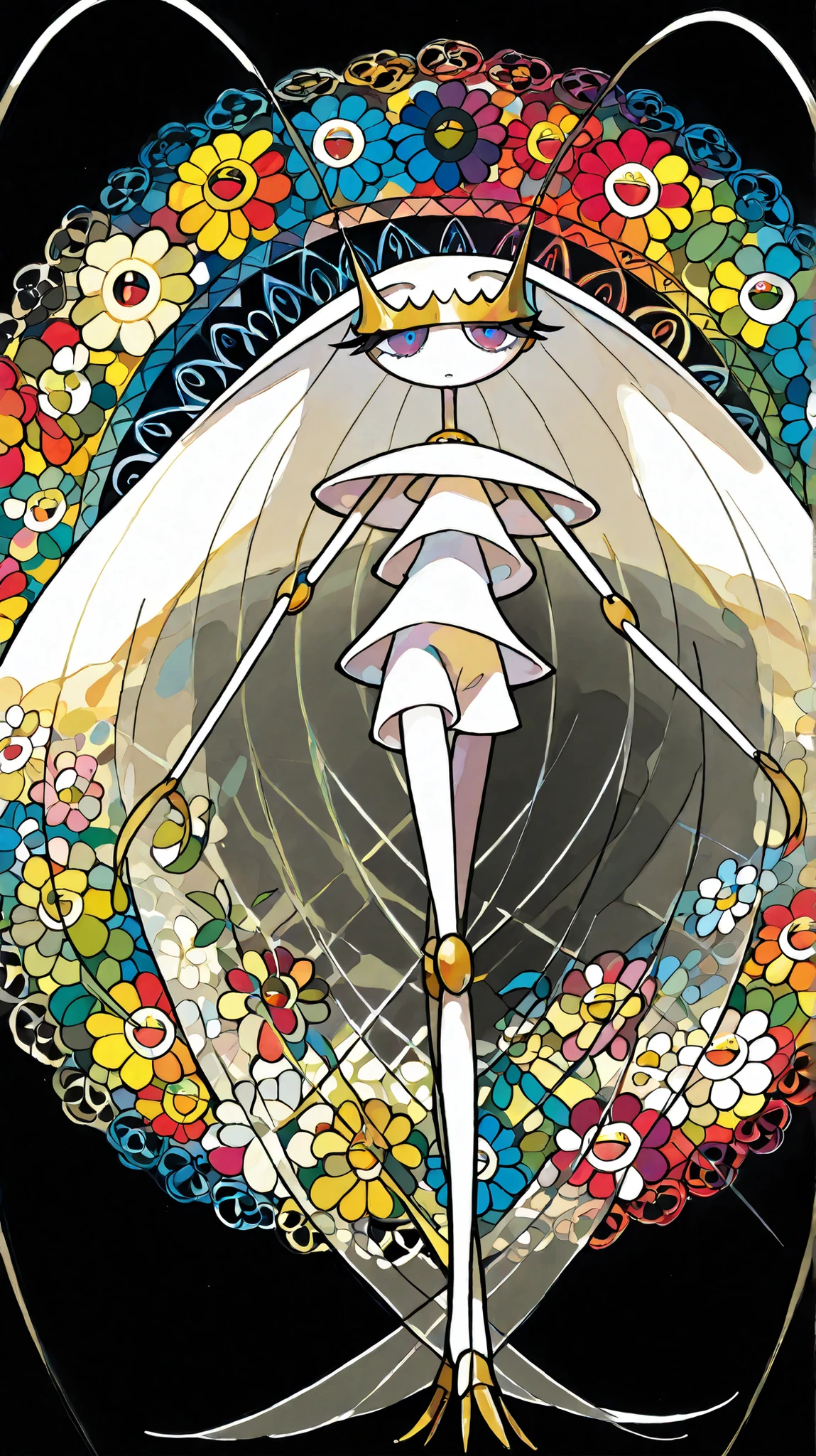 (in the style of Takashi Murakami:1.0), beautiful顔, feet,Highest Quality,tone mapping, sharp concentration in nude clothes, 非常にdetailsな,(Pheromosa),Highest Quality,beautiful,Pokemon,(Two fingers),(Clear Eyes),solo, details,8k,(slender:1.3),wallpaper,Jumping Kick,(colorful flower on black background :1.4), (Pheromosa:1.0), intricate digital painting, very intricate and colorful , 暗くてdetailsなデジタルアート , 非常にdetailsな対称性, Vector art by , Symmetrical Intricate Details , multicolored,colorful intricate masterpiece,( looks like a kaleidoscope :1.1),( geometric pattern background)、 Master Level Colors,Body depicting flowers