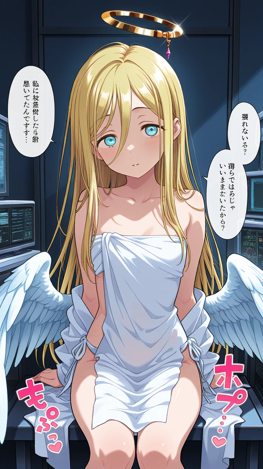 1girl, purple color eyes, looking at viewer, solo, white bikini, cleavage, angel, angel wings, collarbone, feathered wings, white wings, blonde hair, standing, perfect quality, good quality, masterpiece, HDR, UHD