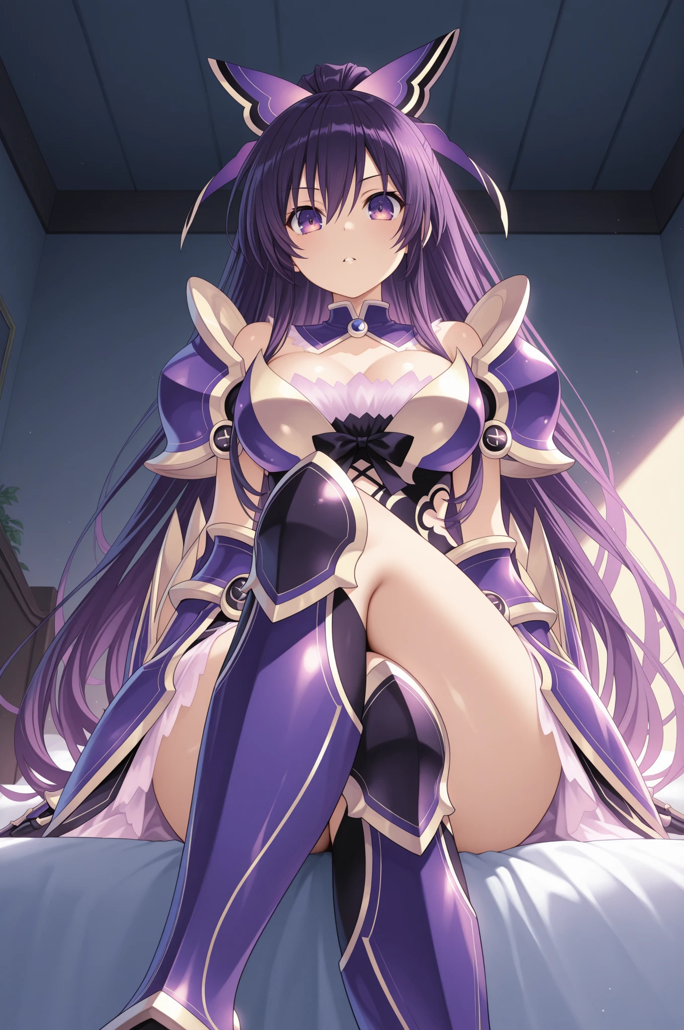 最high quality, high quality, pretty girl, alone, beautiful purple hair, Beautiful purple eyes, smile,White leotard、Spreading her legs