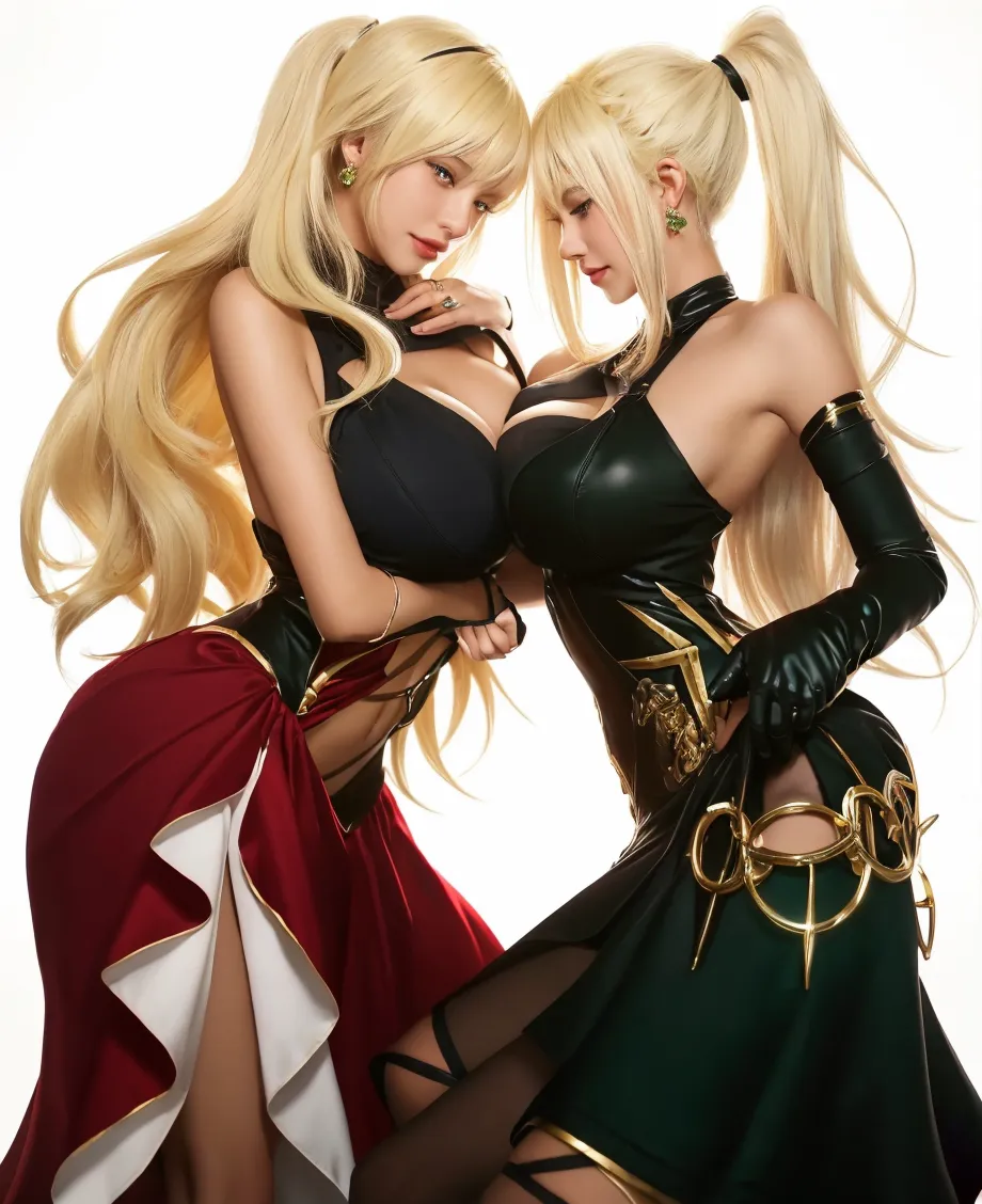 sisters italians, age bronze, blonde and redhead, perfect face, detailed face, talls,using dress, queens blade, soft lesbians, full body