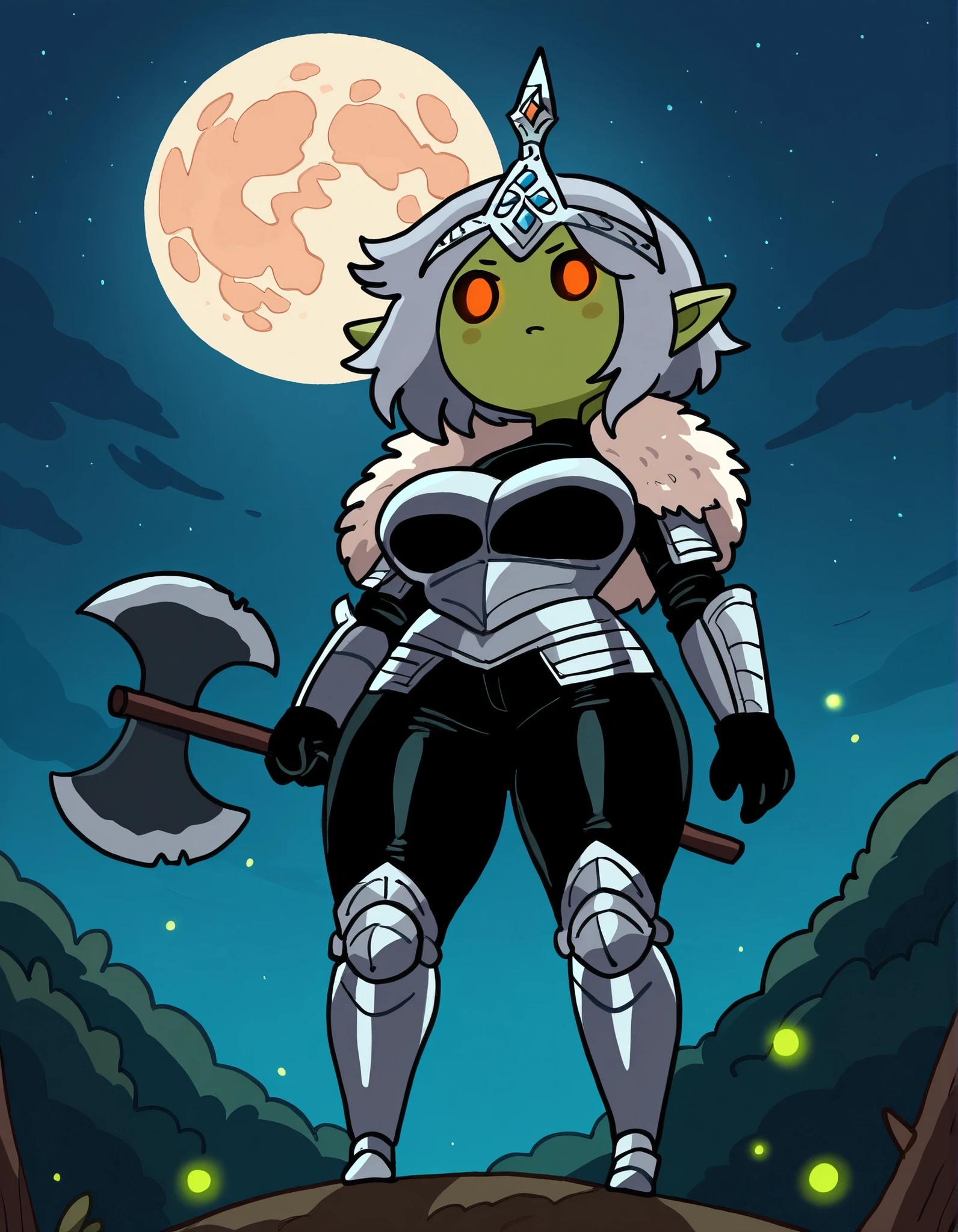 (masterpiece), best quality, 1girl, perfect face,curvy body,(cute face),curvy body,goblin girl,shortstack body,green skin,glowing eyes,long pointy ears,thick thighs,round breasts,orange eyes,round black pupils,grey hair,bang hair,short hair,messy hair,plate armor,fur clothes,armored metal bottes,armored gloves,leather pants,armored legs,silver crown on head,holding a axe,moon,médiévale woods houses,night, fireflies around,adventure time