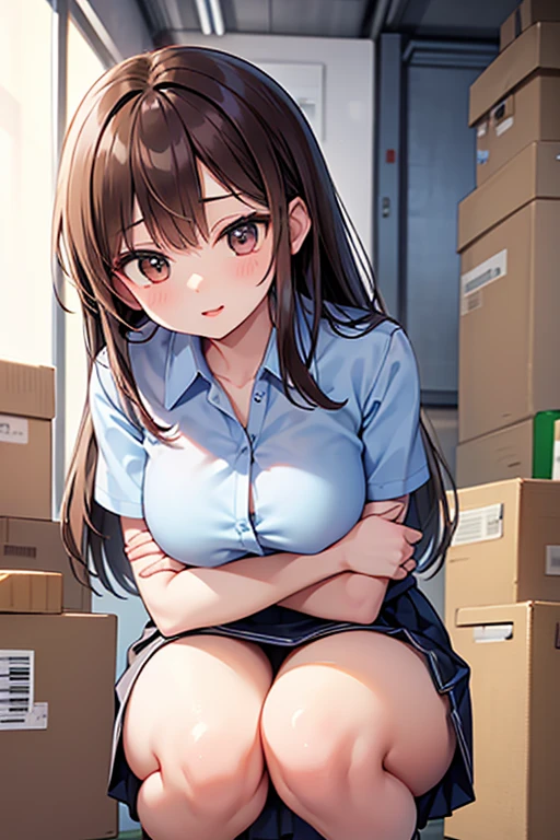 very aesthetic, best quality, intricate, overall detail, nsfw, 1 girl, {shibari over clothes}, arms behind back, standing on one leg, bent leg,( her leg hanging from celling),school uniform, {panties around one leg}, loafers, nipples, pussy, {dildo in pussy}, sad, sweat, nose blush, indoor, japanese warehouse, mid night, moonbeam, facing the front, looking at viewer, straight-on, close to viewer, cowboy shot, solo focus, intricate, (highly detailed),pubic hair,