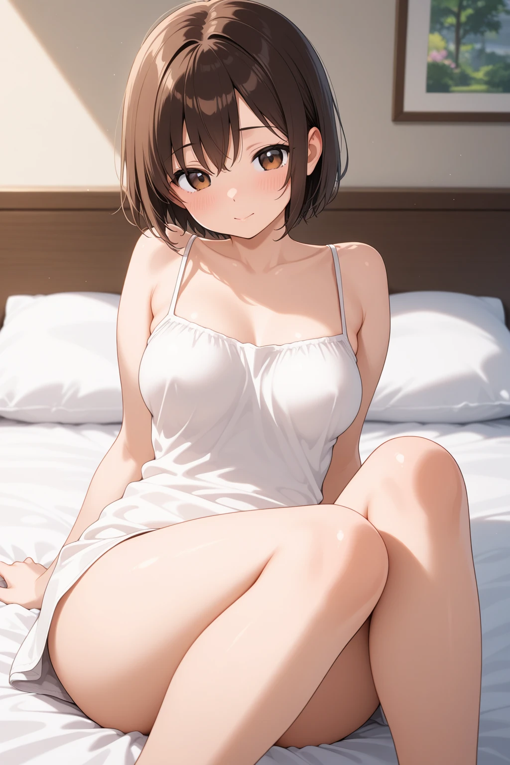 ((Small Breasts)),Highest quality、Very delicate and beautiful、((Very short bangs))、((Bangs))、Light shiny brown hair、The hair is light、((Short Bob))、Cute face、Young face、Cute like an idol、Yellow Eyes、Are thin、Slim figure、Short、(Child body type)、(The background is my living room)、Photographed from the front、Are standing、