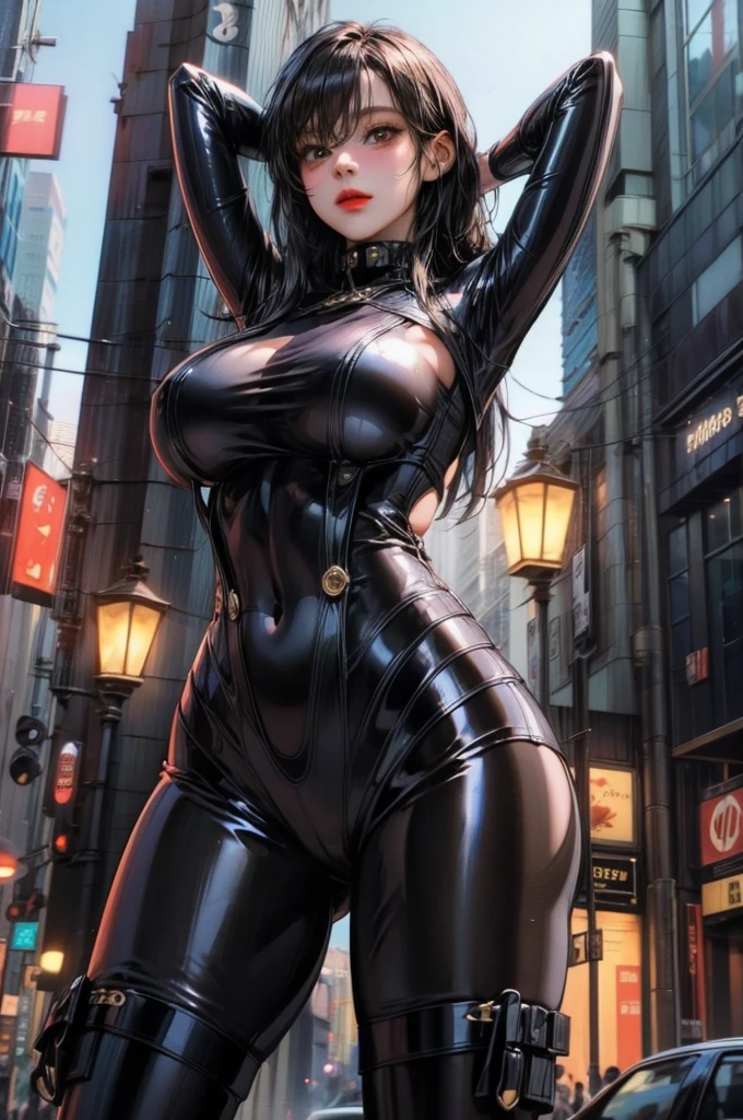 1 girl, narrow waist, pose sexy, long black hair, black eyes, huge breasts, SERIOUS LOOK, thighs, make up, sensual lips, jewelry, black bodysuit with latex print, armor, Science fiction, hair ornament, cowboy shot, standing, straight, outdoor, (evening:1.2), panoramic view, cyberpunk, city, realist, Photo \(half\), Photo background, realist skin texture, detailed background, beautiful and detailed works of art,