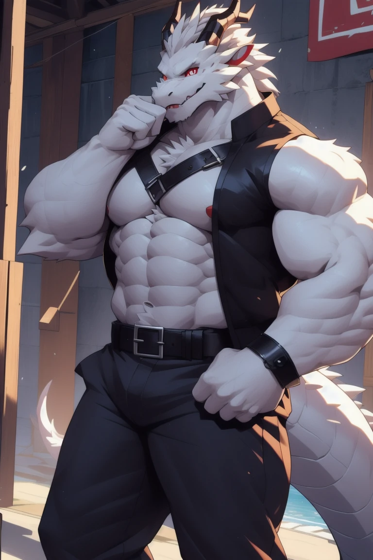 A full body shot of a giant muscular wolf furry, Massive pecs, massive arms, chubby belly, thick thighs, fluffy tail, wearing tight white shirt and black gym shorts, intimidating look, grey fur