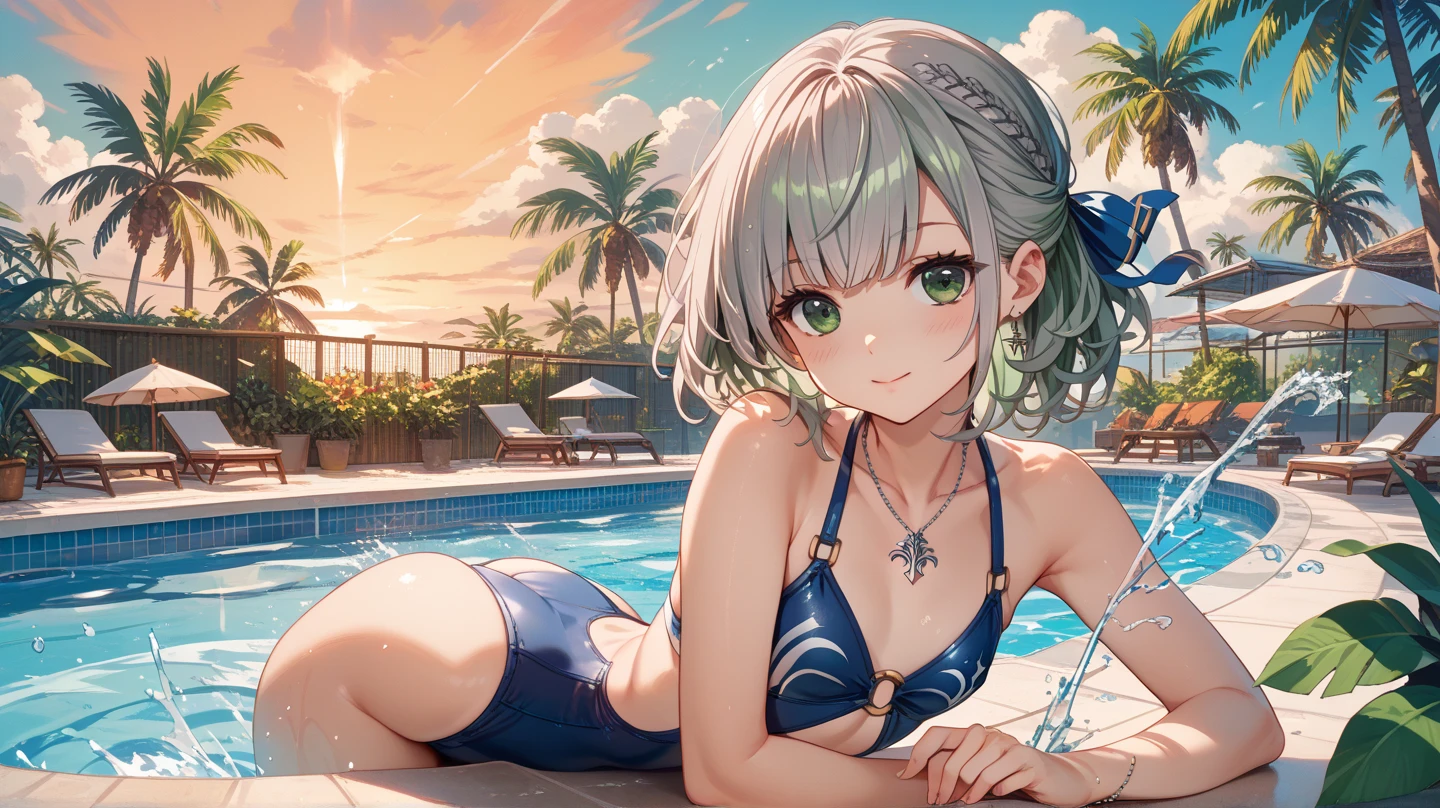masterpiece, Highest quality, Perfect Face, Highest Resolution, Highest quality,Detailed depiction of the eyes, 1 girl, young, deep tan skin, slate gray hair, short hair, upturned eyes, Yellow Orange eyes, Perfect Anatomy, ribbon choker, swim suit, large pool, swim