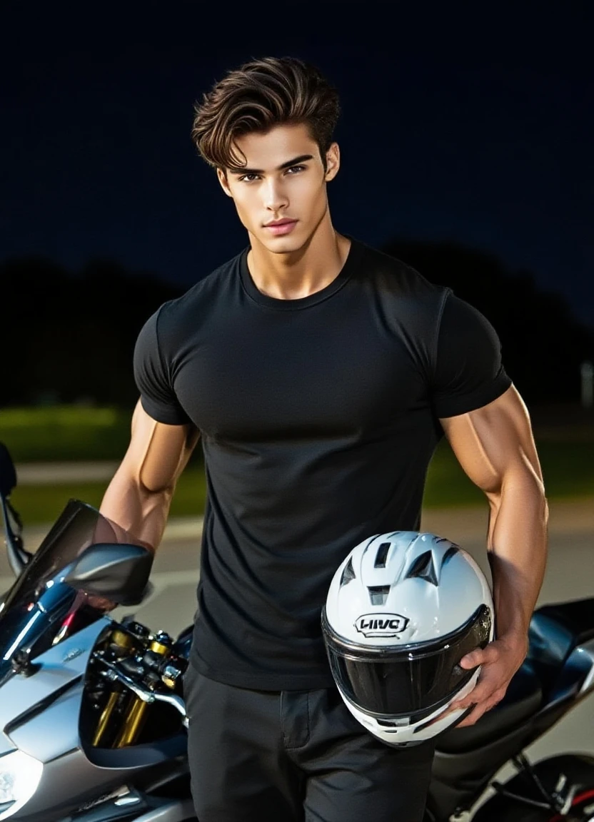 35 year old man, large completion, short hair shaved on the sides, with blonde rays.Leader of a group of bikers, shirtless with six pack abs, and with a leather vest.
