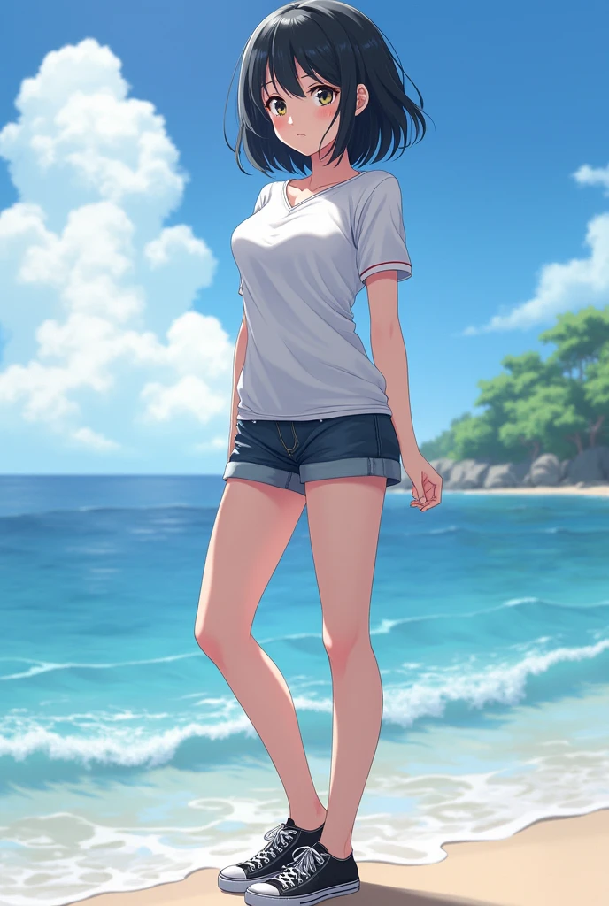 ((masterpiece, best quality, realistic transparent water, standing solo  saying come here in the beach)), (bare legs, bare foots, detailed hands, cute bright brown-eyes laughing face, black-medium-length-hair, detailed short-sleeve summer white-sailor-fuku), tuned skin, best sun lighting, beach-sand, best shadow, white-shell, 