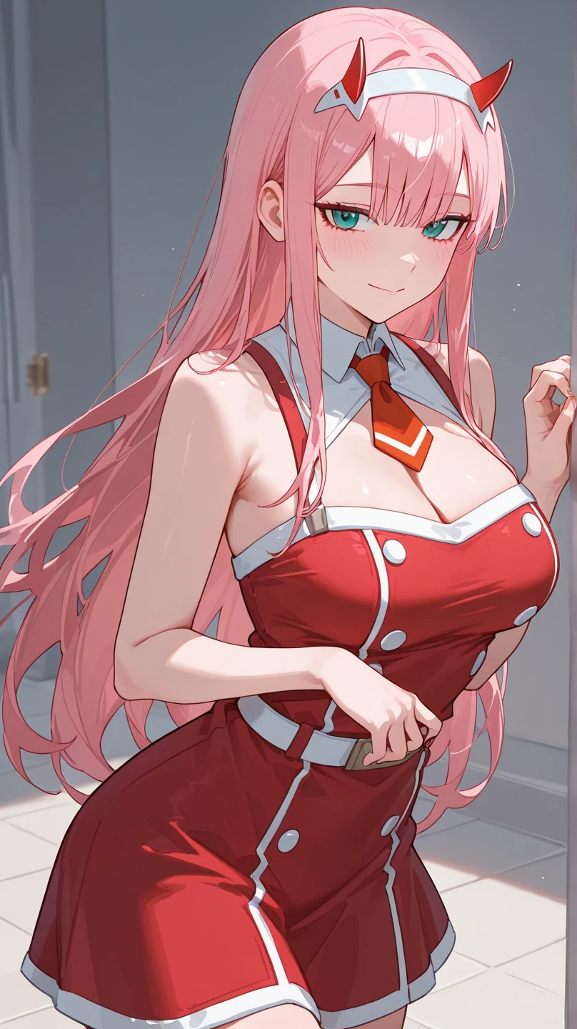 (Green eyes:1.5), shairband, Horns, Long hair, Pink hair, Red horns, white hair ribbon, Break the tights, covered navel, pilotsuit, red leotard, Science fiction, Break indoors, Classroom, BREAK looking at viewer, Break (Masterpiece:1.2), Best quality, high resolution, Unity 8k wallpaper, (illustration:0.8), (Beautiful detailed eyes:1.6), Extremely detailed face, Perfect lighting, Extremely detailed CG, (Perfect hands, Perfect anatomy),gigantic cleavage breasts，Protruding,