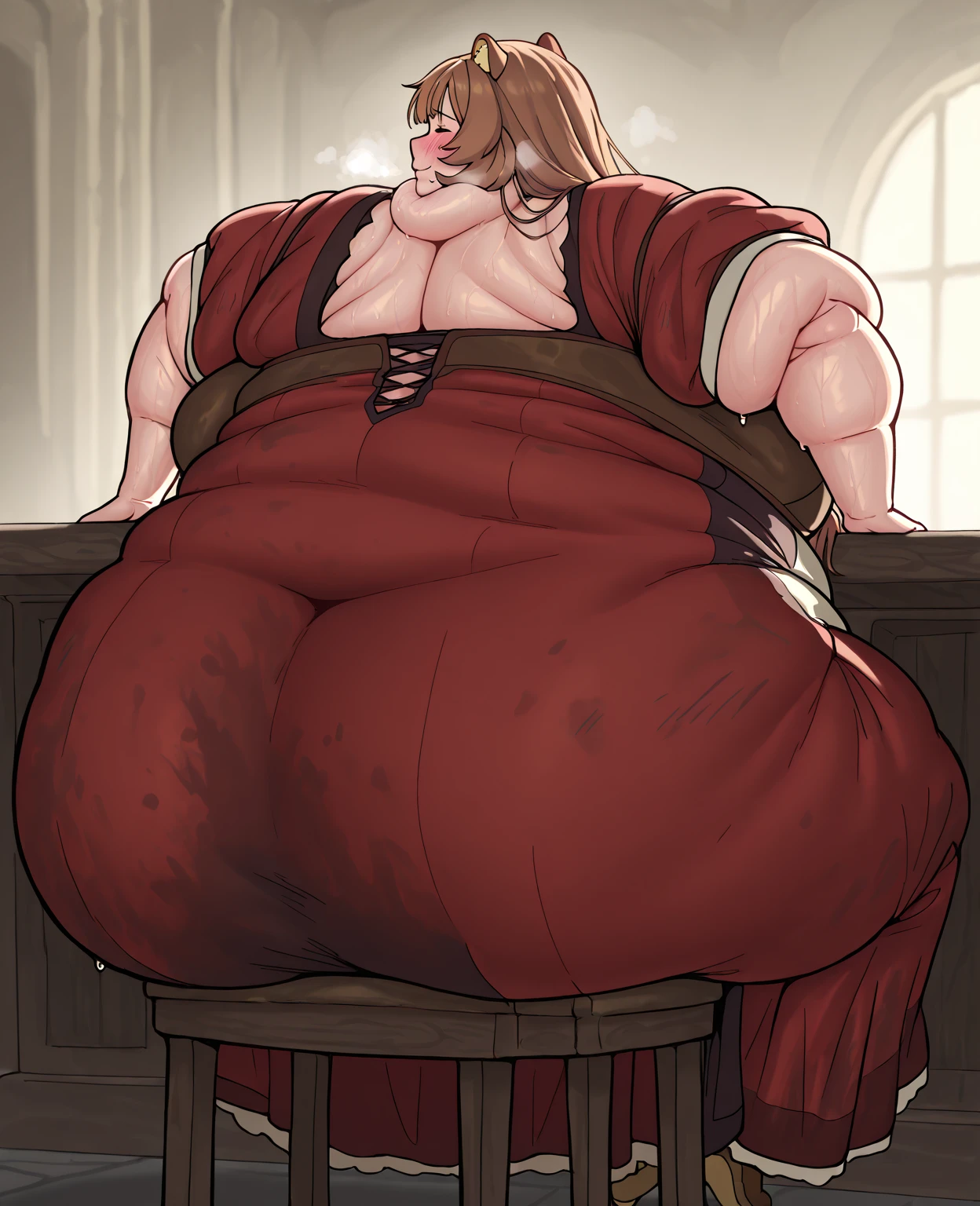 Elaborate CG artwork, (best qualtiy, exquisite detailing, absolute masterpiece), (Head to Toe Image)), ((Full body image)), ((Back view)),((Back view)), (Opening legs),(plus size model)), (muscular), (Beautiful muscular woman with open legs with mahogany black skin、Wearing too small tight panties and red high heels), (mahogany colored dark skin))), (Light silver hair))), Detail Beautiful Face, very detailed beautiful face and eyes, (detailed seductive and sharp eyes), (plump shiny purple lips)), (Purple Eye Shadow), blush, (sadistic seductive smile), (Curvaceous), ( unbelievably huge curvaceous hips), (very huge sensual ass), (ridiculously massive thick thighs), (glittery skin), (wet oily skin), Fingernail Art, Jewelry, Bracelet, hoop earrings,short wavy hair,(From below)
