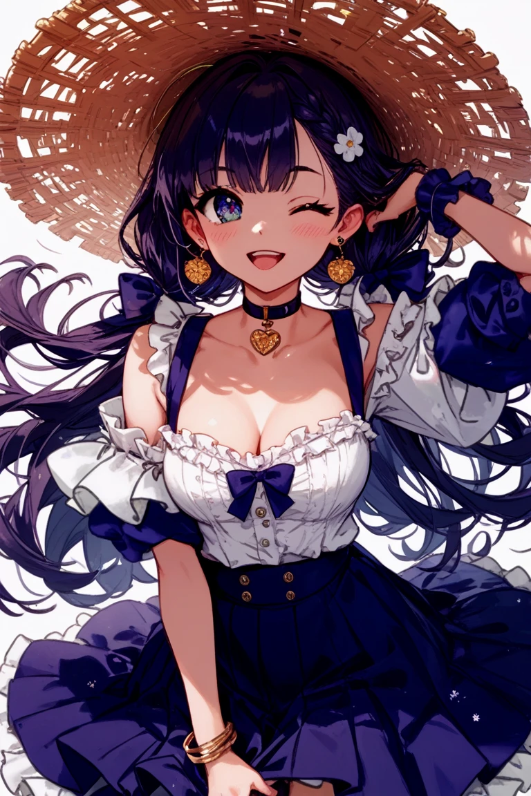 looking at the viewer, 1 girl, open your mouth, smile, Virtual YouTuber、with a girl、((highest quality, expensive_solve, clear_image)),(black hair), (black cat ears), (Ahoge), (ridiculously short hair), (wavy hair), (blue eyes),、laughter、very big breasts,valentine's day、stuck out tongue