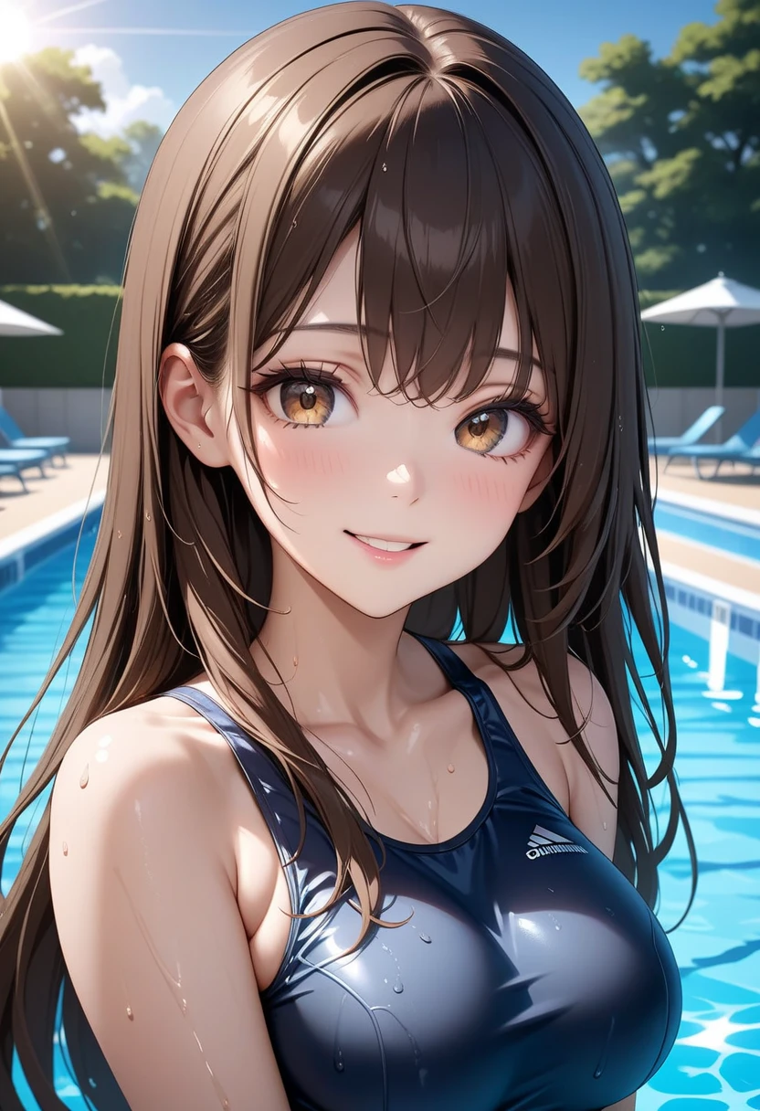 (masterpiece:1.4、top-quality、illustration:1.4,realistic、)、(character focus、breast focus,upper body)、(1girl),(Open mouth happy grin:1.3),(half closed eyes),cute face,blue eyes、(hand on own hip:1.3)、
,(stand:1.4),(Shining smile),
,(slender),(rash guard),(blunt bangs,long brown hair:1.6), (small breasts)、
、slender、pool,、