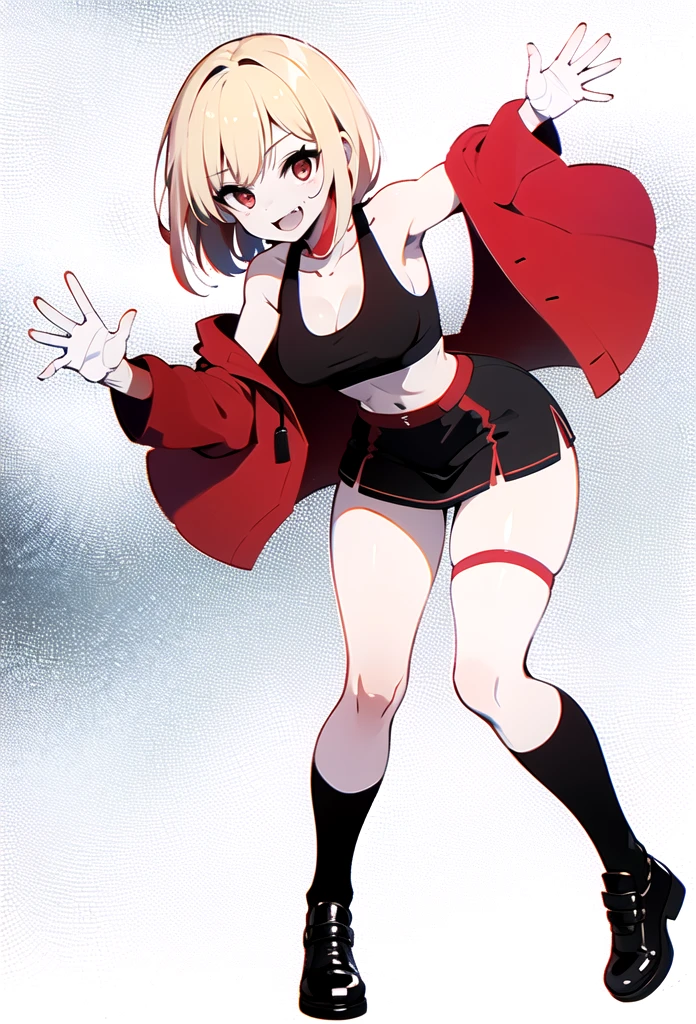 (((high quality))),(((masterpiece))),(((highly detailed))),((illustration style)),(((one girl))),(((medicine melancholy))), (touhou),(((blue eyes))), (((wavy hair, short hair, blonde hair,red ribbon))),(((black leather jacket))),(((Flower pattern red full bodysuit))),((latex)), (shiny clothes:1.2),(((grin))),(((full body))),(((arm behind head))),(((model posing))),((((simple white background))),(((Angle from below)))