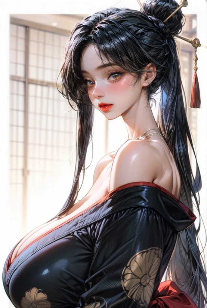 winning artwork,1girll,Manteau blanc,The upper part of the body, Masterpiece,Long black hair,Redlip,Red belt,head gear,jewelry,extreme beautiful,8k wallpaper,White Moon,the night,Flying snowflakes,