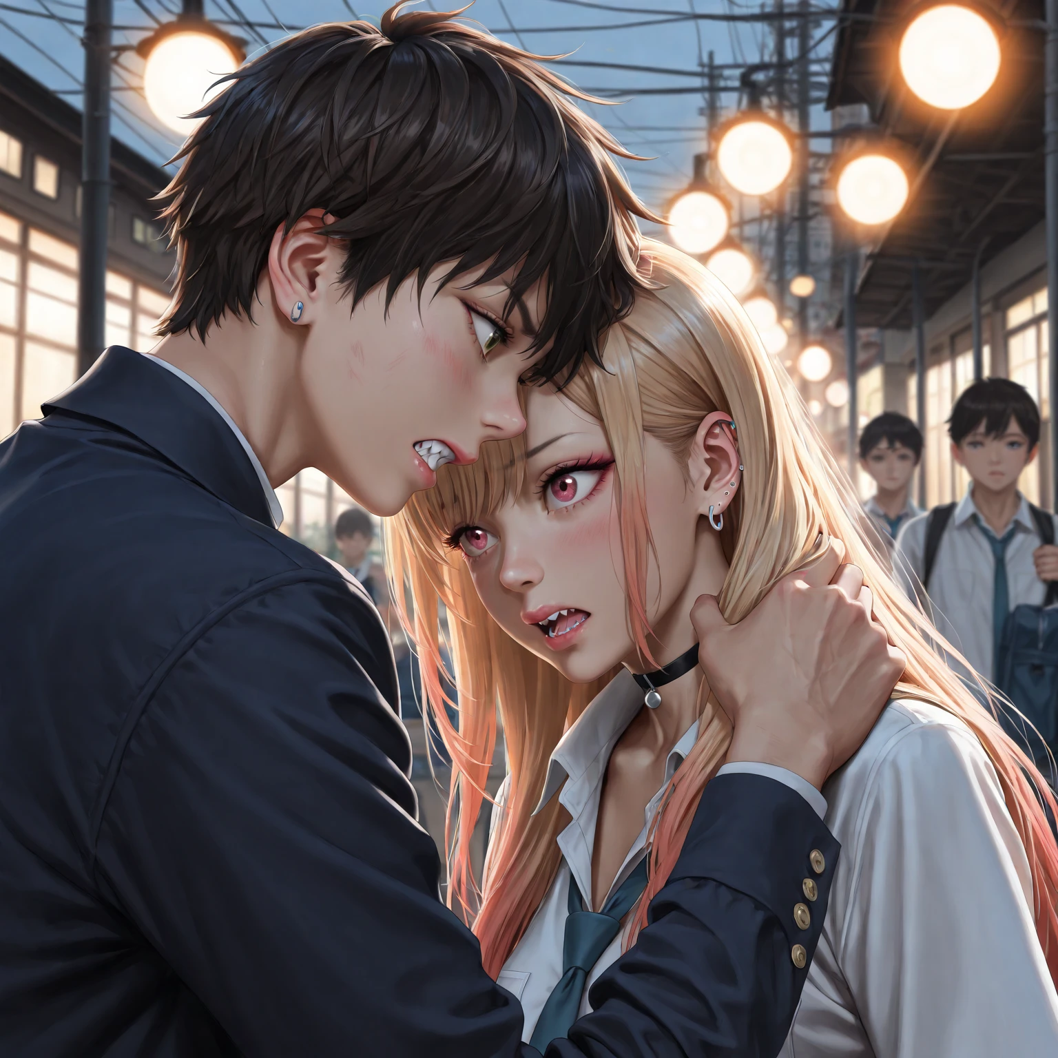 a man embracing a sad woman on the sidewalk, she is crying and he is sad too, a mulher tem cabelos loiros e o homem tem cabelos pretos