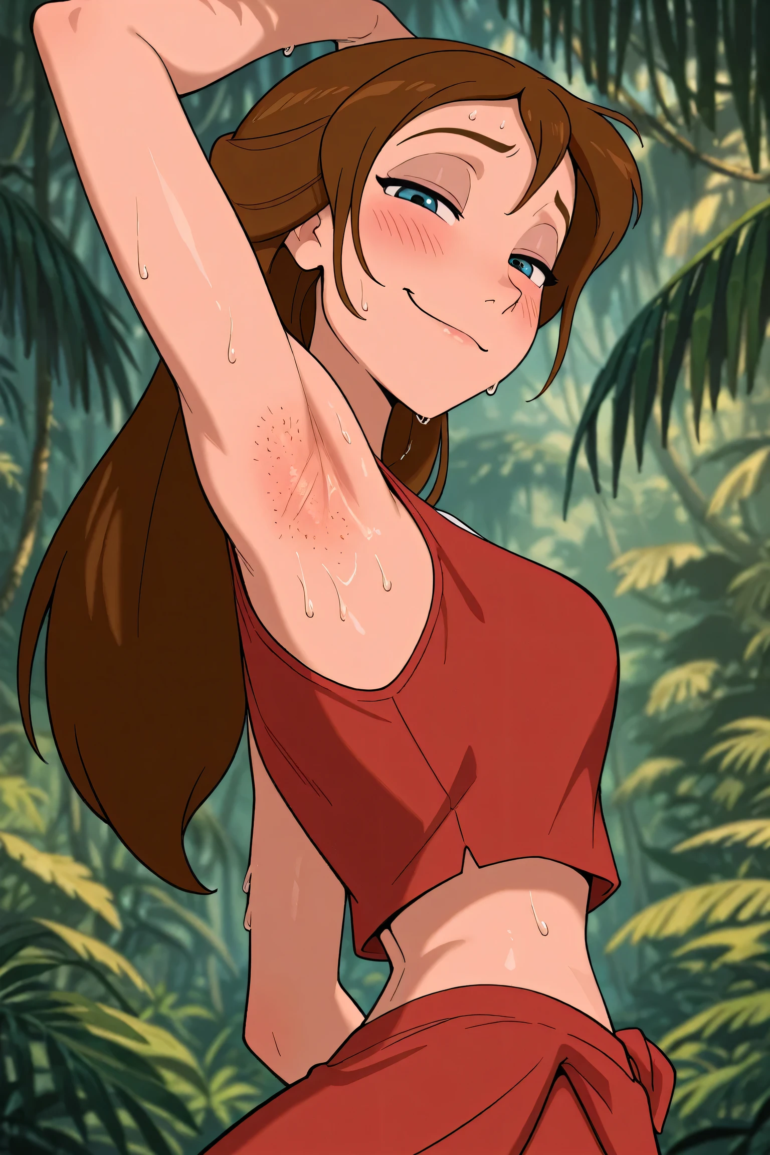 attractive korean woman, ripped muscle, muscular body, small breast, pale skin, smile(blush), nude, thin necklace, sixpack abs, [ultra detailed skin:1.2], brown hair, wavy hair, 8k uhd, full body, crowd, public, forest, waterfall, standing,