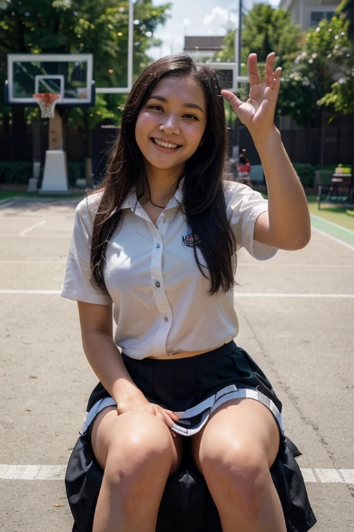 Sweet young jakarta junior high school girl, a naughty girl, perfect sweet georgeus face, look like an Indonesian top model, 14 years old, slim body, long slim sexy legs, descent mixed from minang and bugis, round big briliant eyes, long eyelashes, nubian type beautiful nose, beautiful sexy red lips, wearing black sport shoes and short white socks, wearing glasses, wearing white folded up long t-shirt shirt, wearing thin rather transparent pink short boxer pant, playing cheerful straddeled spreading wide both legs on basketball yard, cute sweet smiling, very realistic, very detail, very natural, DSLR, no monster face,