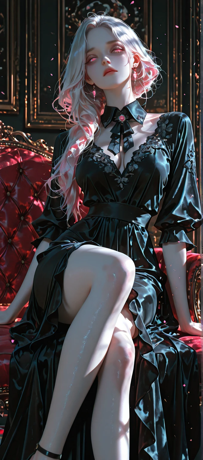 realisitic, 1 girl, White hair, purples eyes, glare eyes, top cut, overskirt, parted lips, blush, natta, flowers, floor, floorlight,
