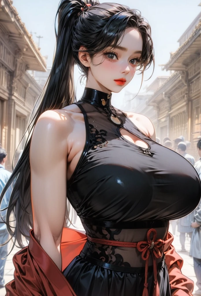 (masterpiece), best quality, expressive eyes, perfect face, detailed shadow's, detailed eyes, perfect lighting, 1 slave stands at a medieval market with a sale sign in her hands. The slave wears dirty, torn clothes. Her breasts are exposed, her pubic hair is in a heart shape. A heavy metal chain is hung around his neck.